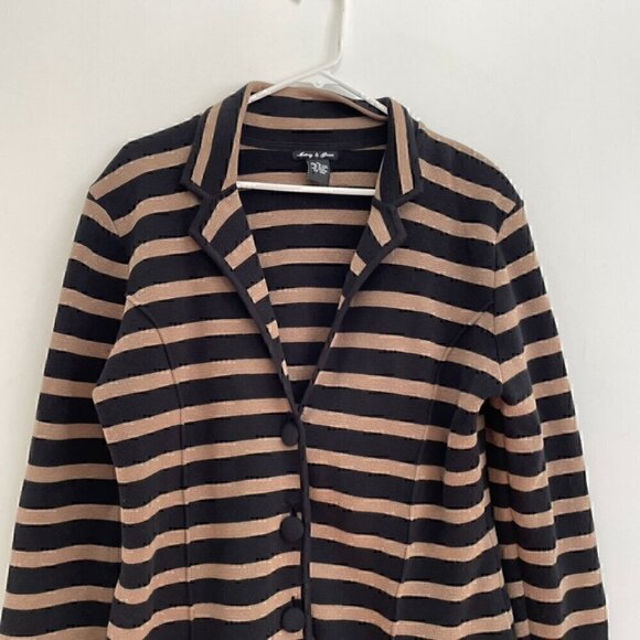 AUDREY & GRACE Brown Black Horizontal Striped Button 100% Cotton Sweater Blazer - Picture 2 of 13